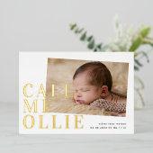 Bold GOLD Foto noem me BABY geboortebevestiging Folie Uitnodiging (Staand Voorkant)