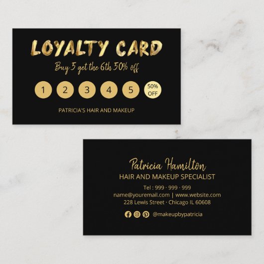 Bold Gold Makeup Artist Hair Salon 5 Loyalty-kaart Visitekaartje (Voorkant / Achterkant)