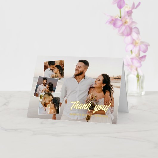 Bold Gold Script Weduwfoto Collage Hartelijk dank Folie Wenskaart (Orchidee)