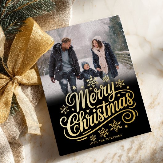 Bold Gold Snowflakes Script Merry Christmas Photo Folie Feestdagenkaart