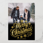 Bold Gold Snowflakes Script Merry Christmas Photo Folie Feestdagenkaart (Voorkant)