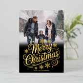 Bold Gold Snowflakes Script Merry Christmas Photo Folie Feestdagenkaart (Staand Voorkant)