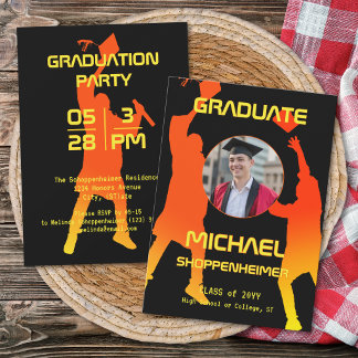 Bold Graphic Orange Black Graduation Party Photo Kaart