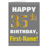 Bold, Gray, Faux Gold 35th Birthday w/Name Card (Voorkant)