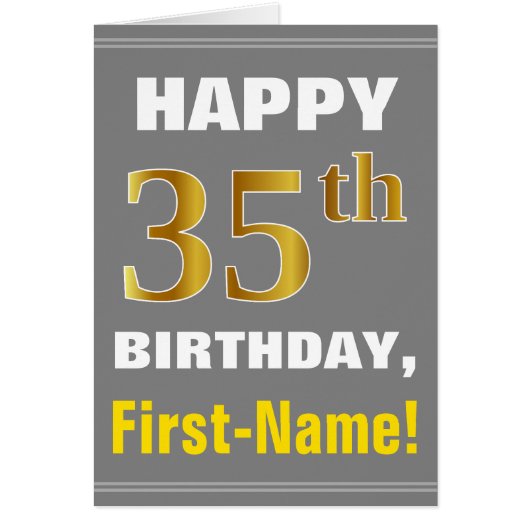 Bold, Gray, Faux Gold 35th Birthday w/Name Card (Voorkant)