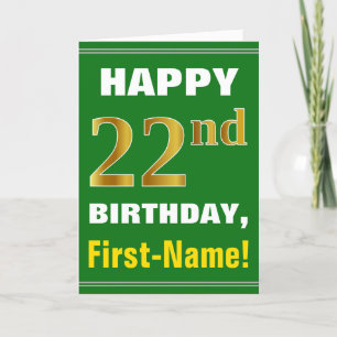 Bold, Green, Faux Gold 22nd Birthday w/ Name Card Kaart