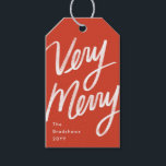 Bold Hand Lettered Zeer Merry Holiday Foto Cadeaulabel<br><div class="desc">Vet handschrift van "zeer grof" boven aangepaste kleurachtergrond. Fotooptie op de achterkant.</div>