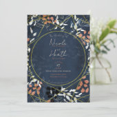 Bold Herfst Floral Terracotta Blue Gold Wedding Kaart (Staand voorkant)