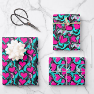 Bold Hot Pink Hearts op gemarmerd Blauwgroen en zw Inpakpapier Vel