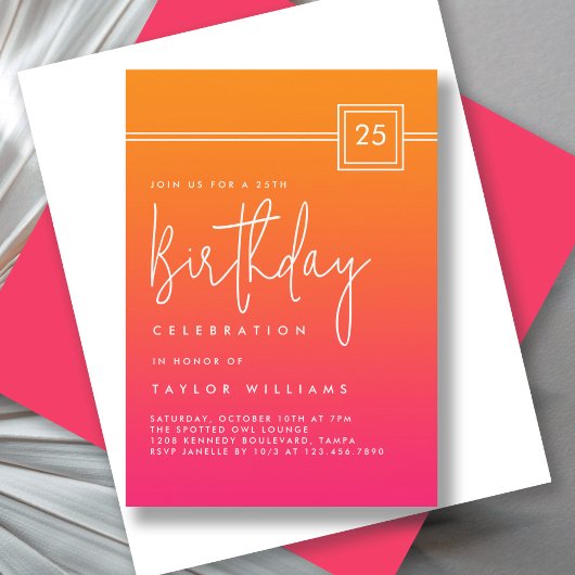 Bold Hot Pink Orange Simple Minimal 25th Birthday Kaart