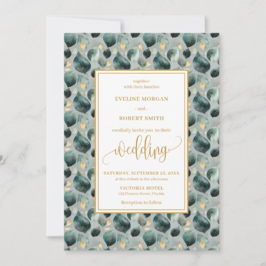 Bold Hunter Green Gold Greenery Wedding Invitation Kaart (Voorkant)