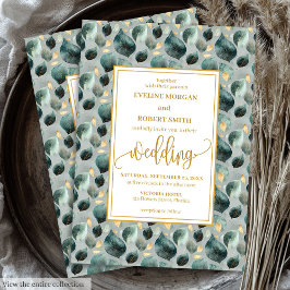 Bold Hunter Green Gold Greenery Wedding Invitation Kaart