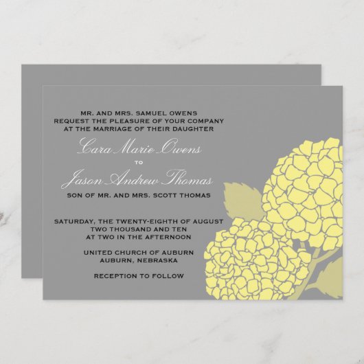 Bold Hydrangea Wedding Uitnodiging - Grijs/Geel (Voorkant / Achterkant)