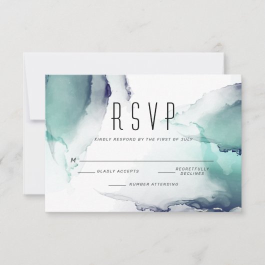 Bold Jade en Navy Blue Modern Fluid Ink RSVP Kaartje (Voorkant)