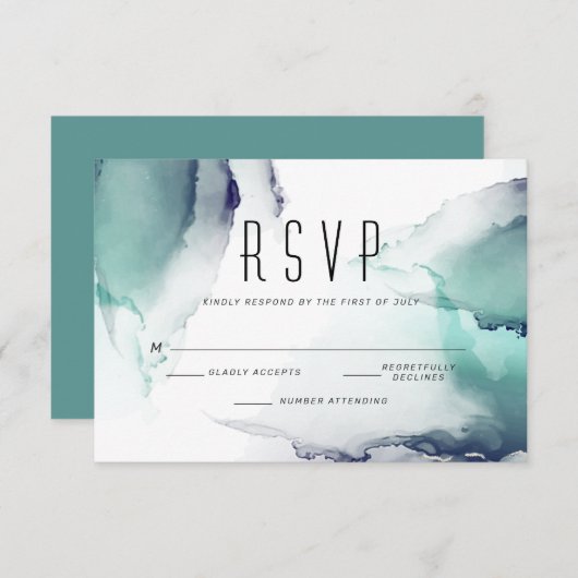 Bold Jade en Navy Blue Modern Fluid Ink RSVP Kaartje (Voorkant / Achterkant)