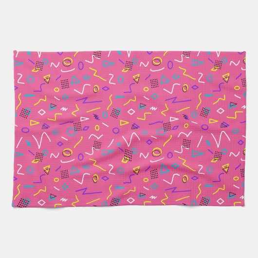 Bold jaren '80 Memphis Style Shapes op roze patroo Theedoek (Horizontaal)