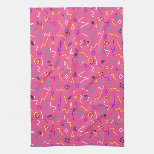Bold jaren '80 Memphis Style Shapes op roze patroo Theedoek (Verticaal)