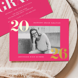 Bold Klasse van 2025 Hot Pink Photo Afstuderen Folie Uitnodiging