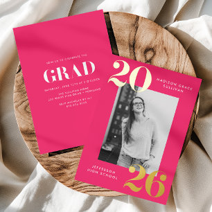 Bold Klasse van 2025 Hot Pink Photo Afstuderen Folie Uitnodiging