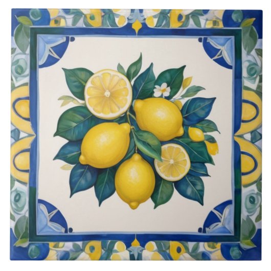 Bold Lemons Dark Blue Green Yellow Lemon Tegeltje (Voorkant)
