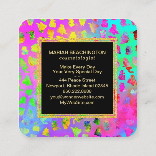 ** Bold Leopard AP93 Abstract Animal Gold Neon Vierkante Visitekaartje (Achterkant)