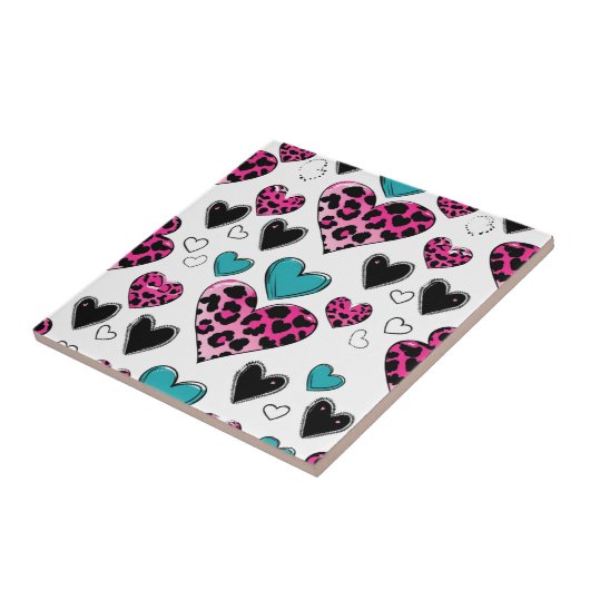 Bold Leopard Heart Love – Pink, Black & Teal (2) Tegeltje (Zijkant)