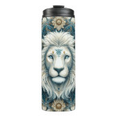 Bold Lion Face Mandala in goud, wit en blauw Thermosbeker (Voorkant)