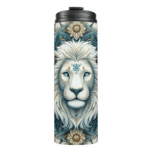 Bold Lion Face Mandala in goud, wit en blauw Thermosbeker