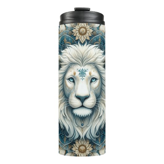 Bold Lion Face Mandala in goud, wit en blauw Thermosbeker (Voorkant)