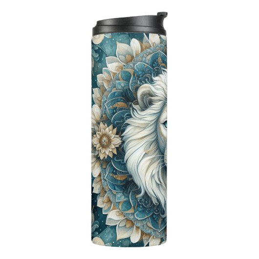 Bold Lion Face Mandala in goud, wit en blauw Thermosbeker (Gedraaid links)