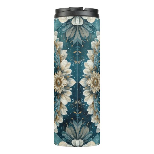 Bold Lion Face Mandala in goud, wit en blauw Thermosbeker (Achterkant)