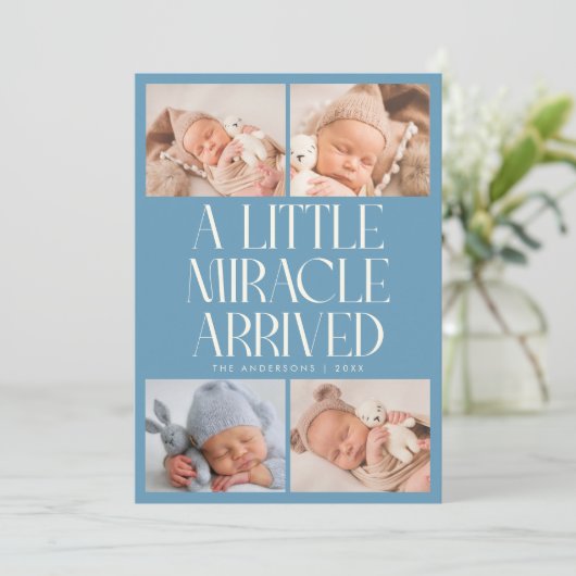 Bold Little Miracle Xmas Denim Blue Photo Birth  Aankondiging (Staand voorkant)