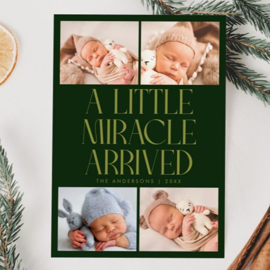 Bold Little Miracle Xmas Green Photo Birth  Aankondiging