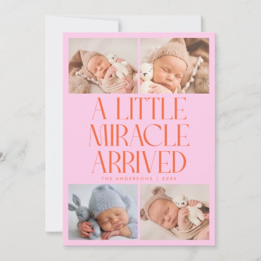 Bold Little Miracle Xmas Orange Pink Photo Birth  Aankondiging (Voorkant)