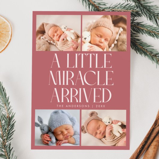 Bold Little Miracle Xmas Pink Photo Birth  Aankondiging