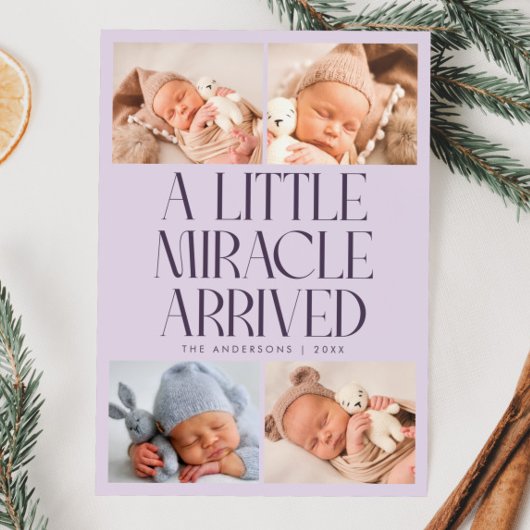 Bold Little Miracle Xmas Purple Photo Birth  Aankondiging