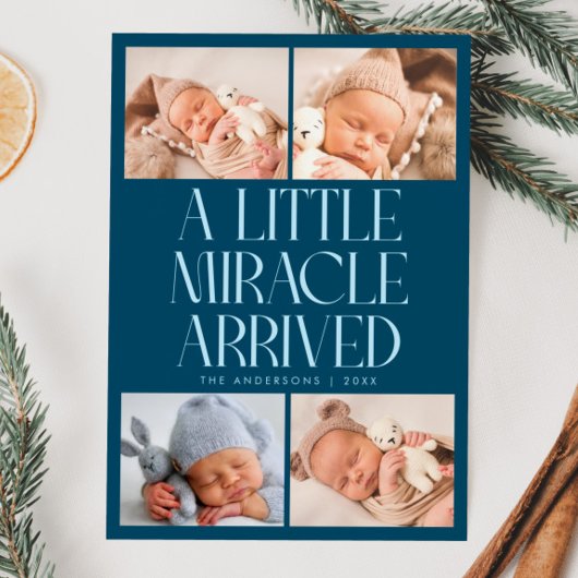 Bold Little Miracle Xmas Teal Photo Birth  Aankondiging