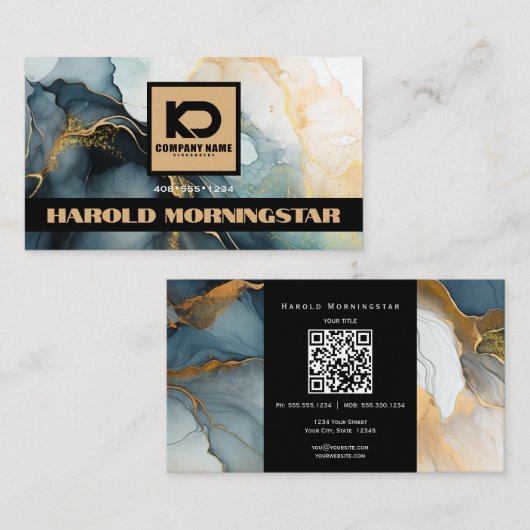 BOLD Logo Donkerblauwe Gouden Vloeibare Inkt QR Visitekaartje (Voorkant / Achterkant)