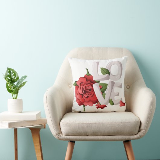 Bold Love Typography with Romantic Red Rose Kussen (Stoel)