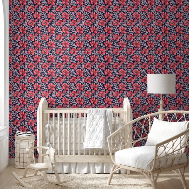 Bold Maximalism Blue and Pink Wild Flowers Floral Behang (Kinderen)