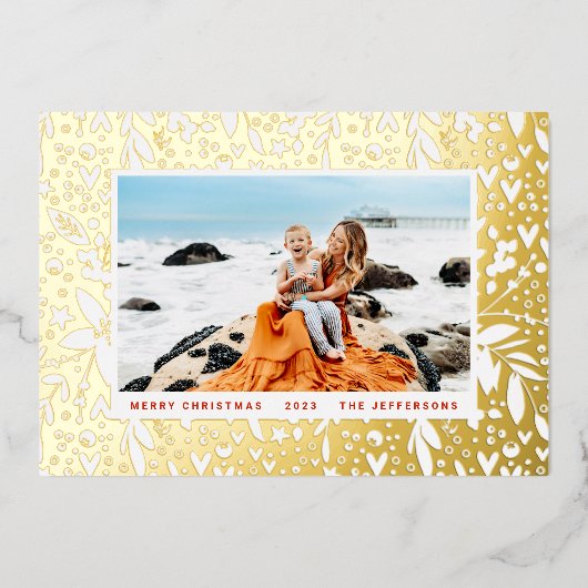BOLD Merry Christmas Gold Red Botanical Lijst Folie Feestdagenkaart (Voorkant)