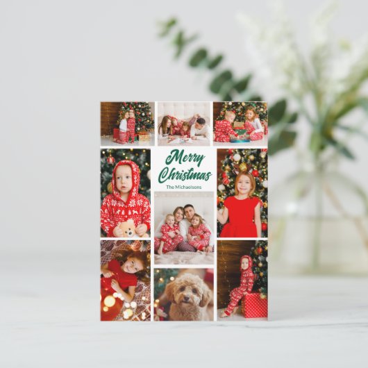 Bold Merry Christmas Green Script Photo Collage Feestdagenkaart (Staand voorkant)