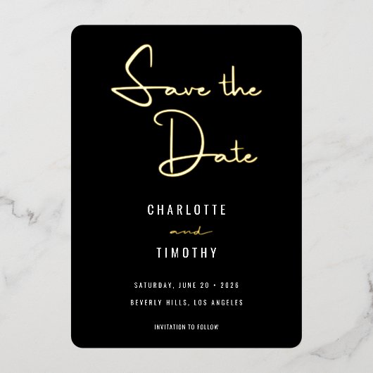 Bold Minimalist Black Script Weddenschap Save the  Folie Uitnodiging (Voorkant)