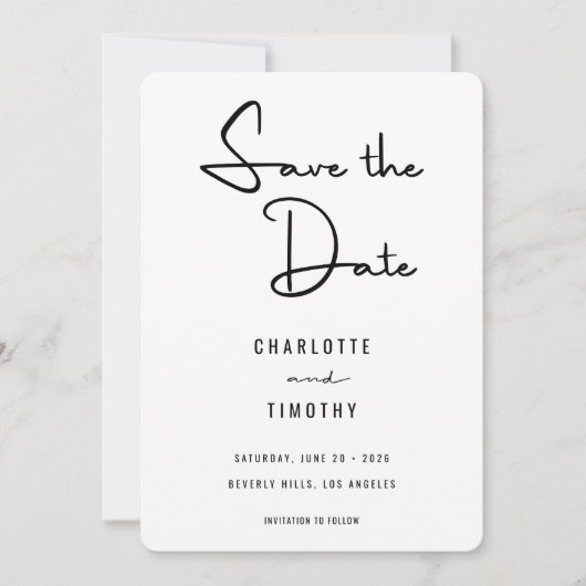 Bold Minimalist Black White Script Weddenschap Save The Date (Voorkant)
