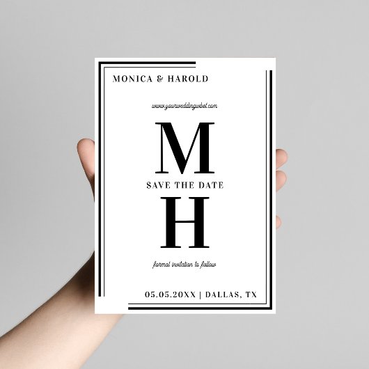 Bold Minimalist Monogram Black and White Wedding Save The Date