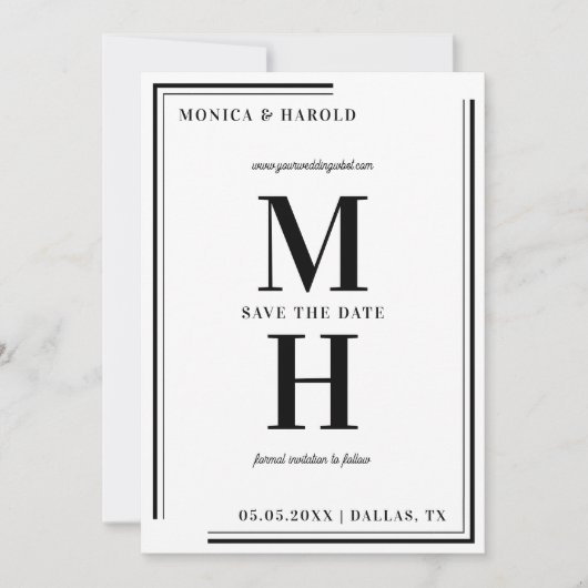 Bold Minimalist Monogram Black and White Wedding Save The Date (Voorkant)