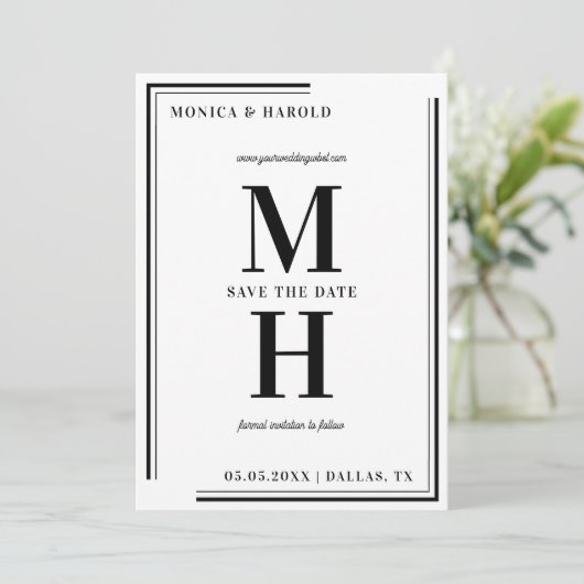 Bold Minimalist Monogram Black and White Wedding Save The Date (Staand voorkant)