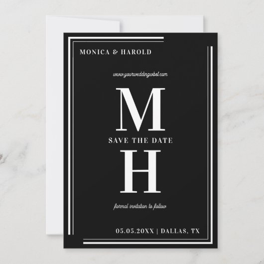 Bold Minimalist Monogram zwart-wit bruiloft Save The Date (Voorkant)