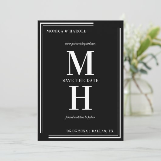 Bold Minimalist Monogram zwart-wit bruiloft Save The Date (Staand voorkant)