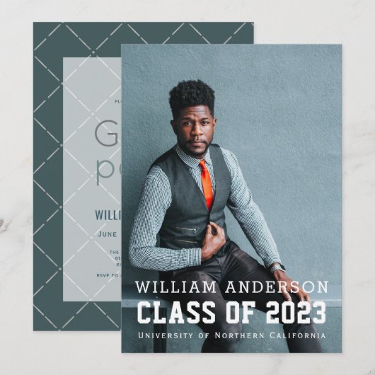 Bold Minimalist Photo Navy Blue Graduparty Kaart (Voorkant / Achterkant)